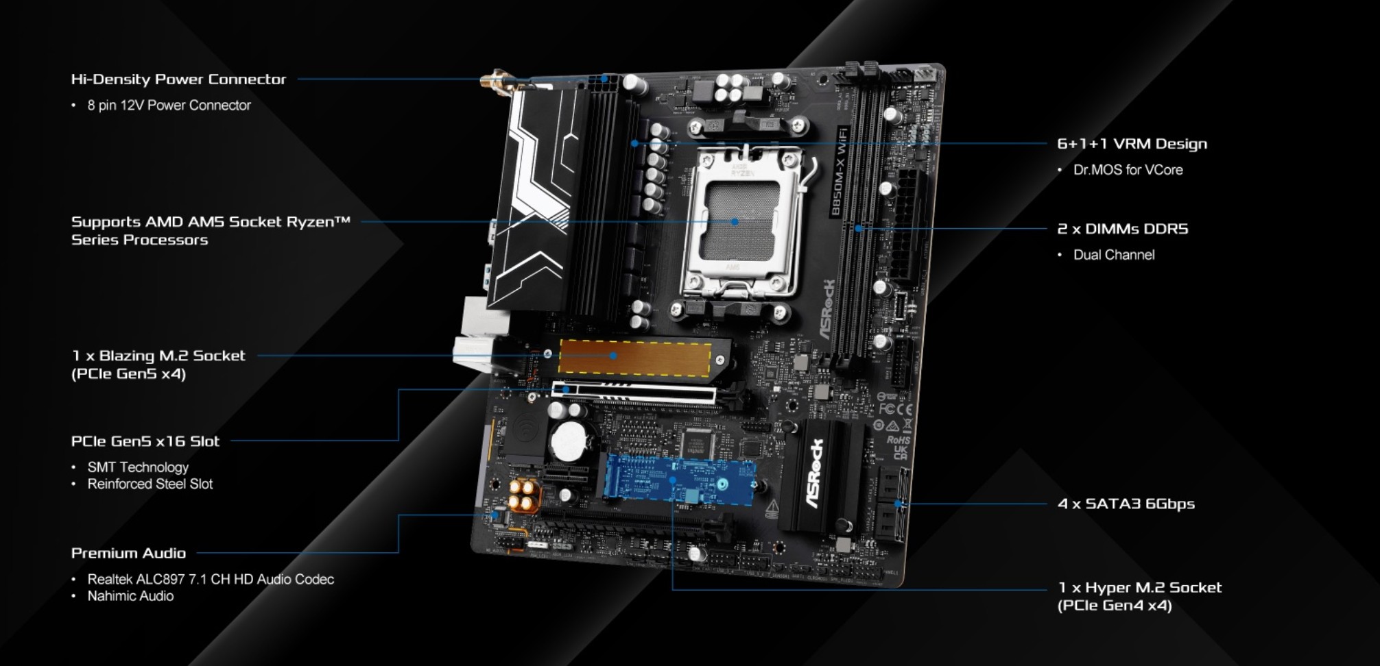 ASRock B850M-X WiFi R2.0 AM5 AMD B850 SATA 6Gb/s USB 3.2 Dual